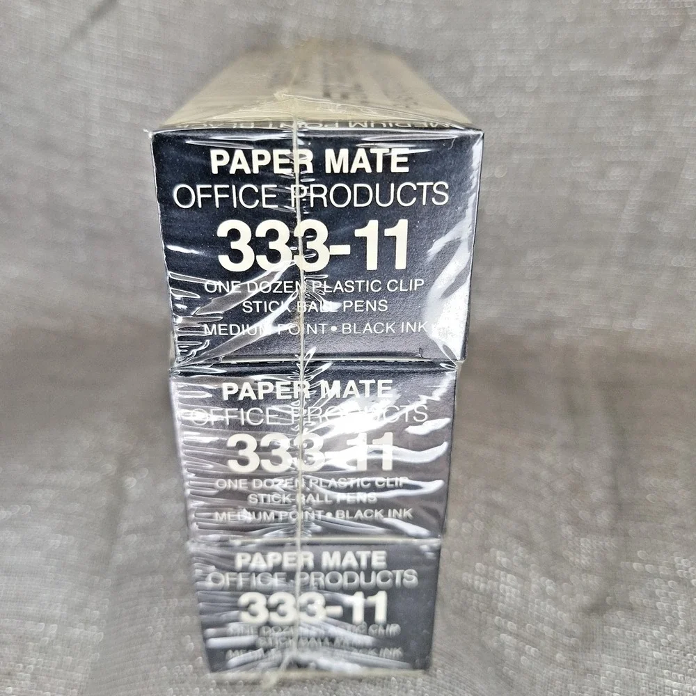 3 Sealed Boxes '80s Paper Mate 330 Plastic Clip Stick Ball Pens 333-11 Med Black